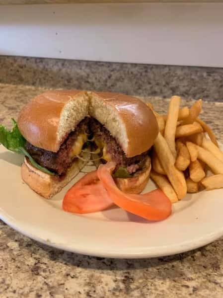 Jalapeno Cheddar Stuffed Burger with side of fries