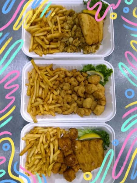 three fried combo dishes in Styrofoam "to go" containers