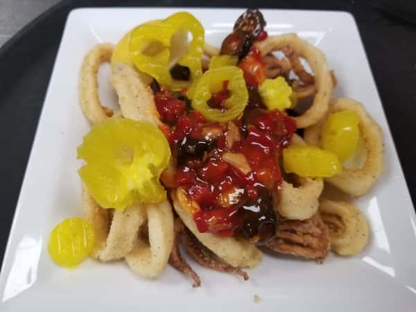 fried calamari topped with roasted red peppers and banana peppers