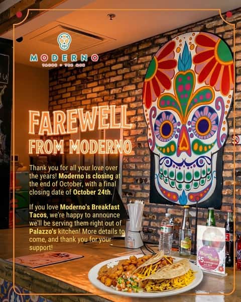 Thank you for the love, Houston! 🧡 Moderno will be closing at the end of October, with our final day on October 24th. The good news? Our breakfast tacos aren't going anywhere — they'll be available at Palazzo's kitchen!
Stay tuned for more details, and from the bottom of our hearts, THANK YOU for your support over the years. 🌮
#Moderno #TexMex #WestHouston