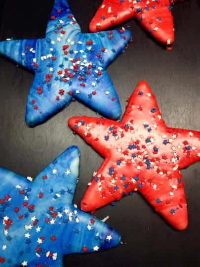 Red and blue covered cookies in star shape