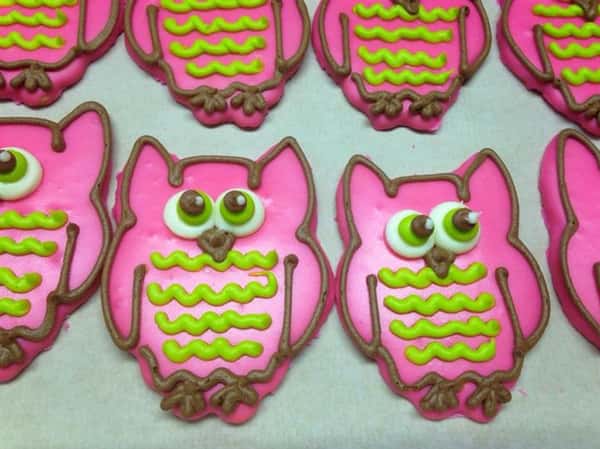pink covered cookies in owl shape with chocolate, white and green decoration