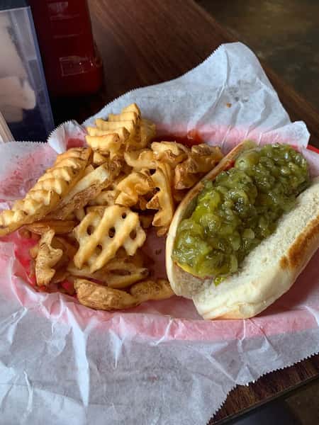 Filled roll with a side of fries