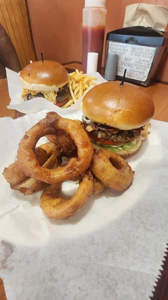 Loaded burger with fried onion rings