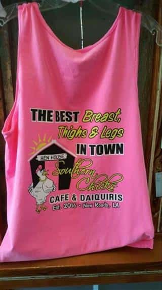 tan top with the sentence "the best breast, thighs & legs" with southern chicks logo