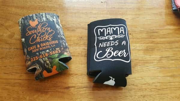 custom beer holders with southern chicksn logos on the,