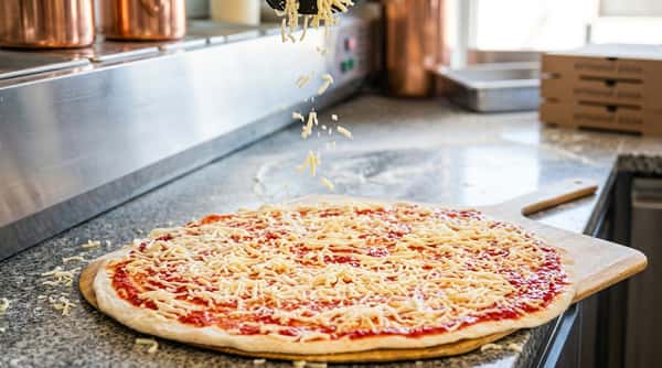 Pizza dough with tomato sauce and shredded cheese on a wooden peel, with more cheese being sprinkled from above.