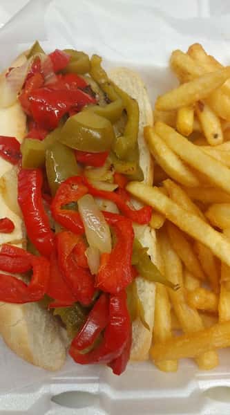 Sausage sandwich topped with grilled red and green peppers and onions, served with golden French fries.