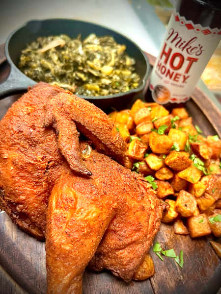 Fried chicken with sides and drink