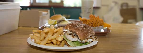 grilled chicken sandwich with a side of fries