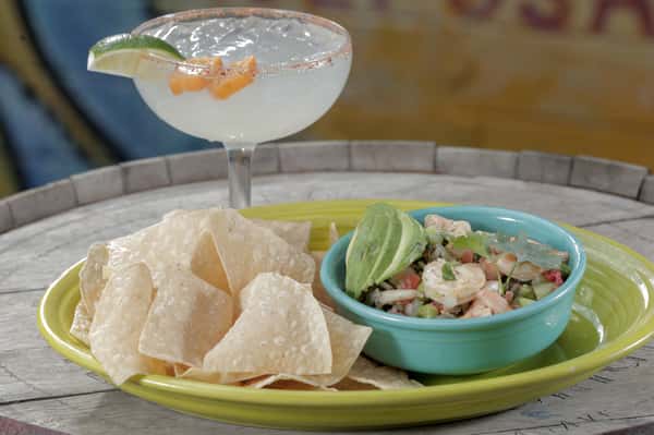 shrimp ceviche topped with avocado and served with homemade chips. Served along side with a handcrafted habanero margarita.