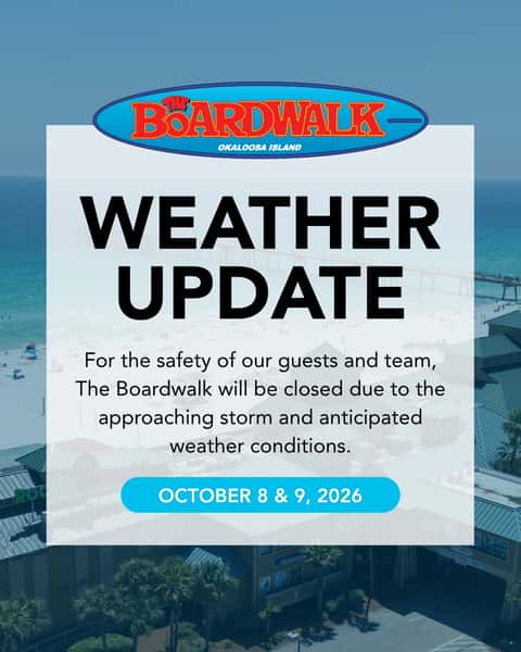For the safety of our guests and team, The Boardwalk will be closed on Thursday (10/8) and Friday (10/9) because of the approaching storm and expected weather conditions.

We’ll continue to monitor conditions and share updates here regarding reopening and regular hours.

To our neighbors, guests, and team members across the community. Please take care and stay safe. We look forward to welcoming you back soon.
