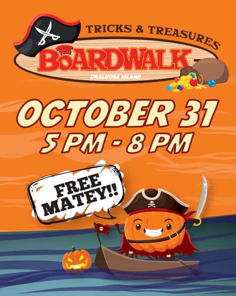 Calling all ghosts, goblins, and little trick-or-treaters! 🎃👻
The 11th Annual Tricks & Treasures is returning to The Boardwalk on Okaloosa Island for a night of FREE family-friendly Halloween fun
📅 October 31
⏰ 5–8 PM
📍 The Boardwalk on Okaloosa Island
Grab your costumes, bring the whole crew, and join us for a spooktacular night by the beach! 🌊✨