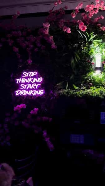Neon "Stop Thinking Start Drinking" sign glowing in pink against a floral greenery wall, capturing the fun, energetic atmosphere of a contemporary bar and restaurant.