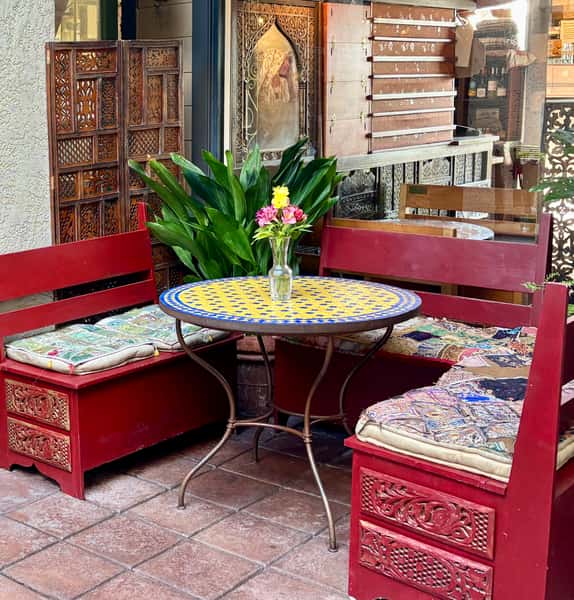 Table in courtyard.