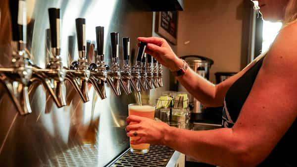 Close-up of bartender pouring a fresh pint from a row of shiny beer taps at Otto's Landing, highlighting the wide selection of craft brews on tap.