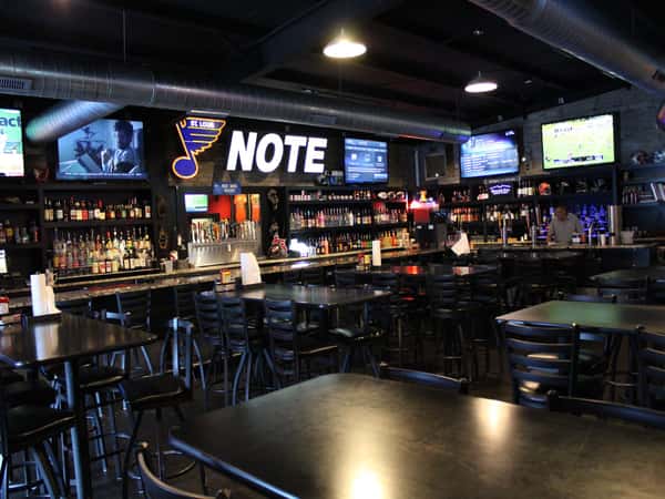 interior or restaurant with tables and bar in the background