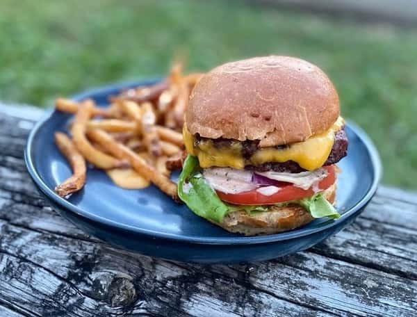 cheeseburger and fries