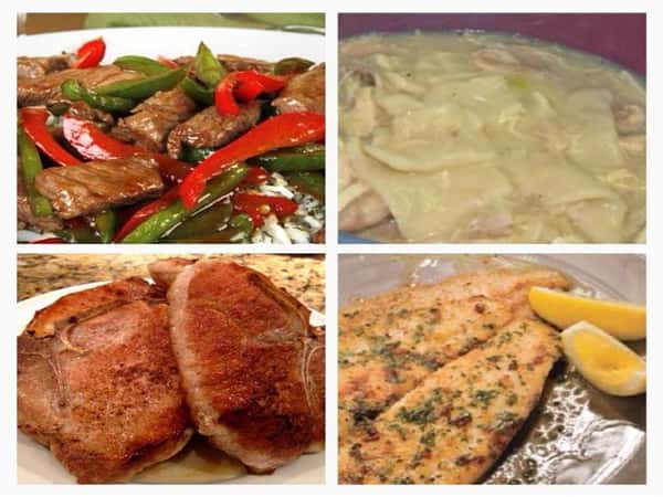 a photo collage of steak and peppers, two crab cakes, flounder with lemon, and a dich of chicken santa fe