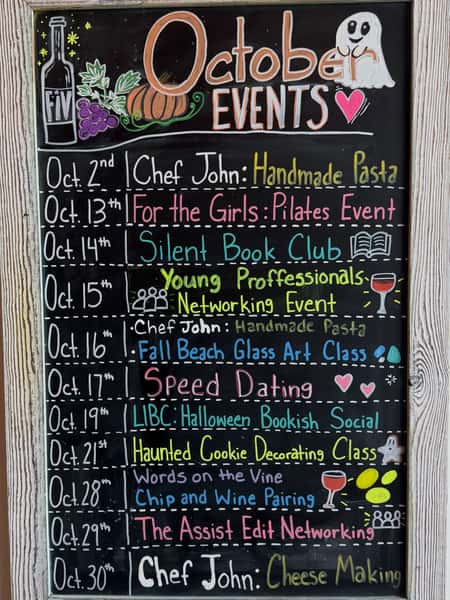 🎃 October at FIV is packed with fun! 🍷✨

From hands-on food classes and creative nights to networking, speed dating, book clubs & more, there’s something happening all month long!

🍝 Chef John: Handmade Pasta
🧘‍♀️ For the Girls Pilates
📚 Silent Book Club
🥂 Networking Events
🎨 Fall Beach Glass Art
💕 Speed Dating
👻 Halloween Bookish Social
🍪 Haunted Cookie Decorating
🍷 Words on the Vine + Chip & Wine Pairing
🧀 Chef John: Cheese Making

📅 Save this post so you don’t miss your favorites!

Some events require advance registration or reservations, so be sure to secure your spot early.

🍷 Fire Island Vines
📞 631-647-9010

✨ Looking to host your own event? Bridal showers, birthdays, engagement parties, corporate events & more — call us to start planning!