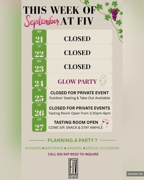 This week at FIV 🍇🍷

We’ve got a busy week of private celebrations, a little glow, and plenty of reasons to stop by! ✨

💜 Thursday: Glow Party
🥂 Friday: Private Event — outdoor seating & takeout available
🍷 Saturday: Tasting Room open 3:30–6 PM
🍇 Sunday: Tasting Room OPEN — come sip, snack & stay awhile!

Planning a celebration of your own? From showers and birthdays to dinners and special occasions, we’d love to host you. 🥂

📞 Call 631-647-9010 to inquire about your next event!

#FireIslandVines #BayShoreNY #LongIslandEvents #BayShoreEvents #LongIslandWine