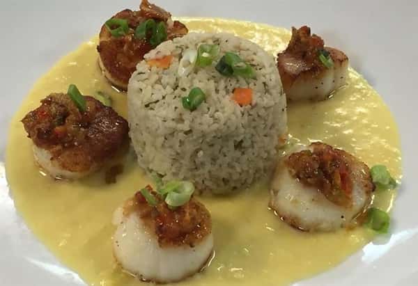 a white plate with white rice in the middle surrounded by five scallops in a yellow sauce