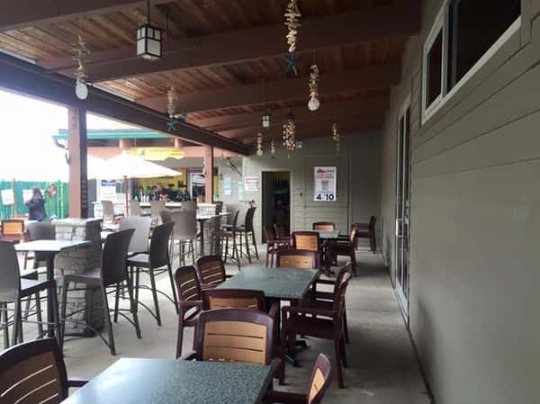 outdoor seating area under an awning with tables with four chairs at each