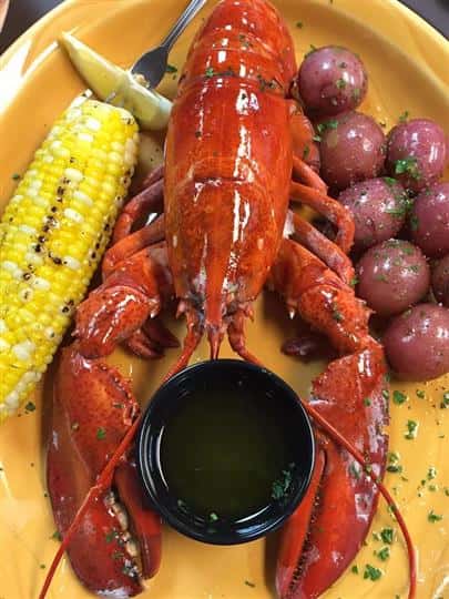 a whole cooked lobster with a side of corn on the cob, red potatoes, and melted butter for dipping