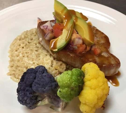 white rice with a side of grilled chicken, cauliflower, broccoli, and avocado