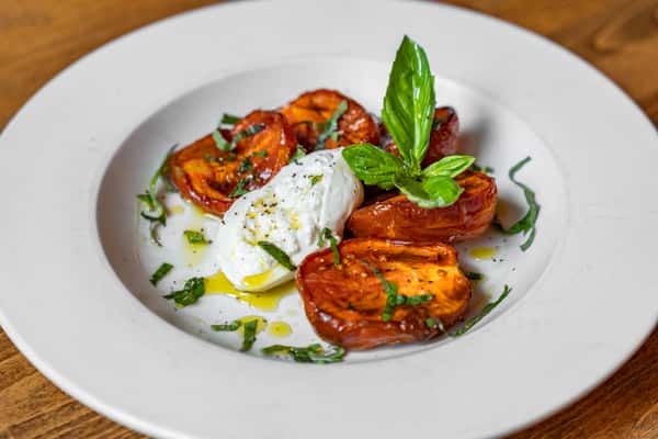 Fresh burrata cheese paired with roasted heirloom tomatoes, garnished with basil and drizzled with olive oil, served on a white plate.
