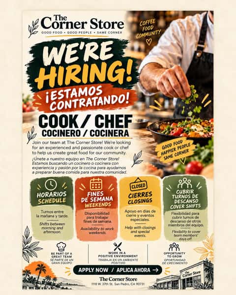 📣 San Pedro, we need your help!
The kitchen at The Corner Store has been busy, and we’re looking for an experienced cook to join our team.
We’re hoping to find someone with previous kitchen experience who can work in a fast-paced environment, help with kitchen operations, and is comfortable using an oven. Afternoon and weekend availability is needed.
Speaking English and Spanish is a plus, but all qualified applicants are welcome to apply.
Interested? Email us at accopendavid@gmail.com.