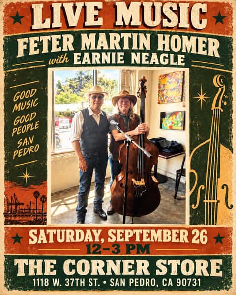 🎶 Live music today at The Corner Store! 🎶
Join us this Saturday, September 26, from 12–3 PM for great music with Feter Martin Homer and Earnie Neagle. Enjoy breakfast or lunch, grab your favorite drink, and spend the afternoon with us by the coast. Admission is free!
📍 The Corner Store
1118 W. 37th St., San Pedro, CA 90731
Follow and support:
🎤 Feter Martin Homer — @fetermartinhomer
🎻 Earnie Neagle — @barefootbassist
☕ The Corner Store — @thecornerstoresanpedro
#LiveMusic #SanPedro #TheCornerStore #SupportLocalMusic