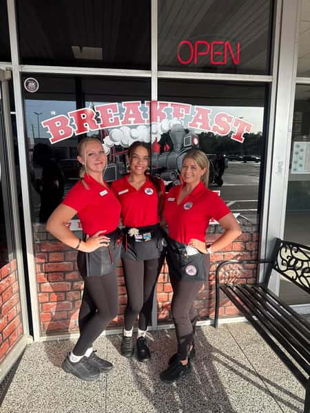 smiling breakfast station servers