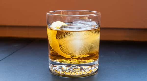 Classic Old Fashioned cocktail with bourbon, orange peel, and cherry served at Serafini in downtown Frankfort, Kentucky.
