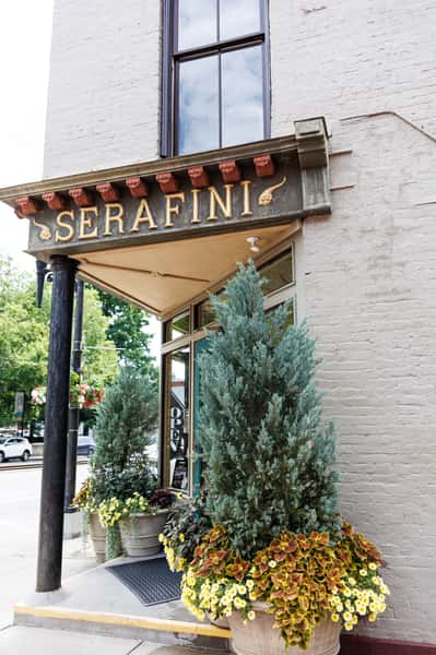 Entrance to Serafini Italian fusion restaurant in historic downtown Frankfort, Kentucky, across from the Old State Capitol.