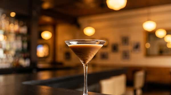 Espresso martini served in an elegant cocktail glass at Serafini, an Italian fusion restaurant in Frankfort, Kentucky.
