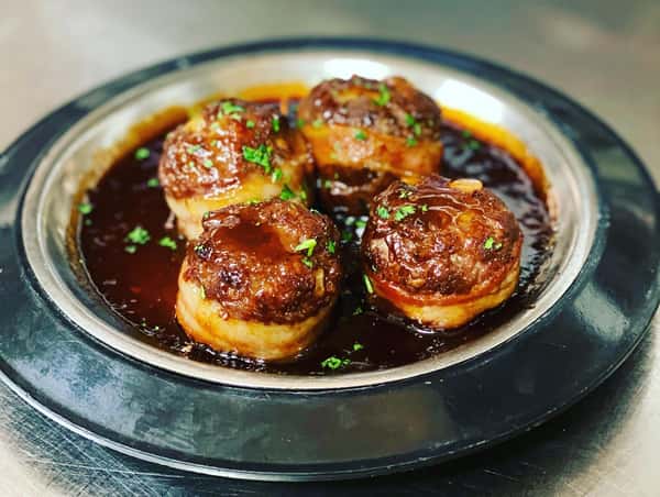 Sharyl's Bacon Wrapped Meatballs with Spicy Plum Sauce