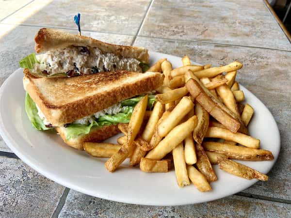 Apple Cranberry Chicken salad sandwich with french fries