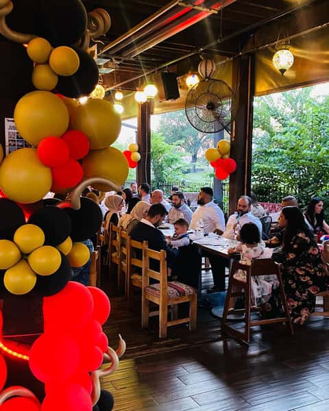 Interior decorated with lots of balloons