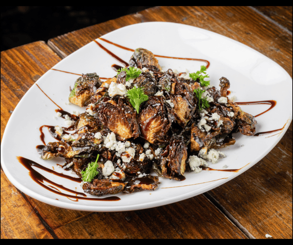 Fried Brussel Sprouts with Balsamic Glaze & Blue Cheese