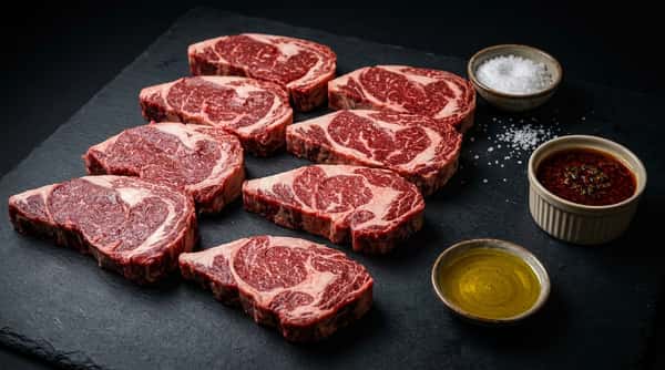 Assorted ribeye steaks with exceptional marbling from La Carniceria Prime Meat Market in Indianapolis