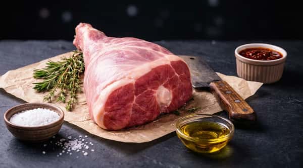 Fresh bone-in leg of lamb prepared by expert butchers at La Carniceria Prime Meat Market