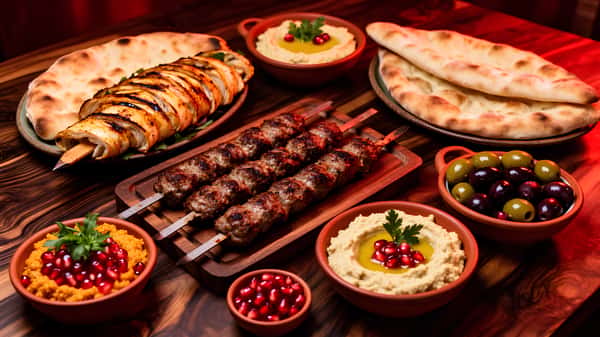 Mediterranean Turkish feast with grilled kebab skewers, chicken döner, hummus, warm pita bread, olives, and mezze on a rustic wooden table