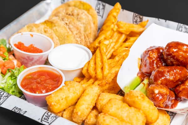 Game day platter with mini tacos, fried mac and cheese, bbq wings and waffle fries