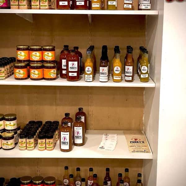 shelves of porky's sauce