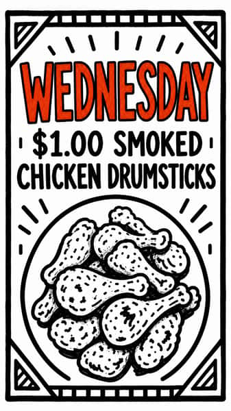 a poster advertising Wednesday $1.00 Smoked Chicken Drumsticks at Porky's BBQ and Catering in Arlington Heights, Illinois.