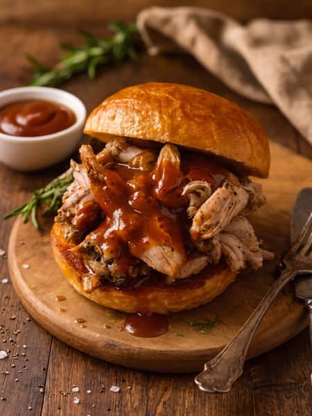 A close-up, warm-toned photograph captures a substantial and messy smoked pulled chicken sandwich, which is generously covered in a rich, glossy dark reddish-brown BBQ sauce. The sandwich is stacked high on a soft brioche-style bun, with the top bun resting askew, revealing the tender, shredded chicken. The sandwich is presented on a rustic, round wooden cutting board that sits on a dark wooden table. Surrounding the sandwich is a white ceramic bowl containing more BBQ sauce, a sprig of fresh rosemary, a vintage silver fork and knife, a rumpled linen cloth, and scattered crystals of sea salt and pepper. The background is a gently blurred rustic wooden setting.