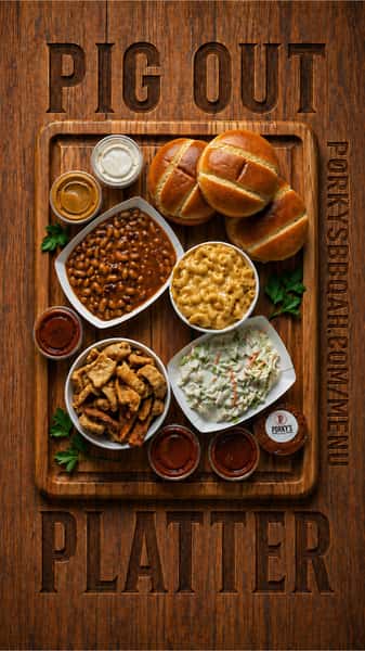 An overhead view of a wooden serving platter filled with barbecue side dishes, including baked beans, macaroni and cheese, creamy coleslaw, fried pork rinds, three burger buns, and several small cups of assorted dipping sauces. The platter rests on a rustic wood surface with large text carved into it reading 'PIG OUT' at the top, 'PLATTER' at the bottom, and the website 'PORKYSBBQAH.COM/MENU' running vertically down the right side. A small sauce cup in the bottom right corner features the Porky's BBQ logo.