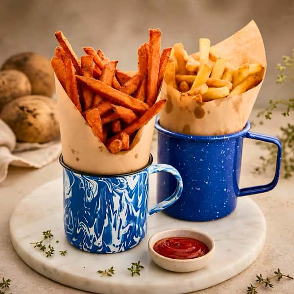 A high-angle photo shows two speckled blue enamel mugs on a white marble board, each holding a paper cone of fries. The front, marbled blue and white mug contains a large order of deep orange sweet potato fries. The solid blue, speckled mug behind it holds a cone of regular golden-yellow french fries. A small, grey ceramic dish of ketchup is in the foreground. Loose sprigs of fresh thyme are scattered, and several raw potatoes are in the background on the left, next to a textured neutral-toned wall.