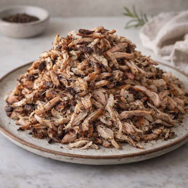 A heaping mound of smoked pulled chicken, showing a mix of tender light meat and dark, seasoned bark, served on a rustic speckled plate resting on a light marble surface.